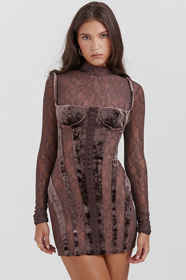 Sexy Mock Neck Long Sleeve Sheer Lace Velvet Corset Party Mini Dress - Brown