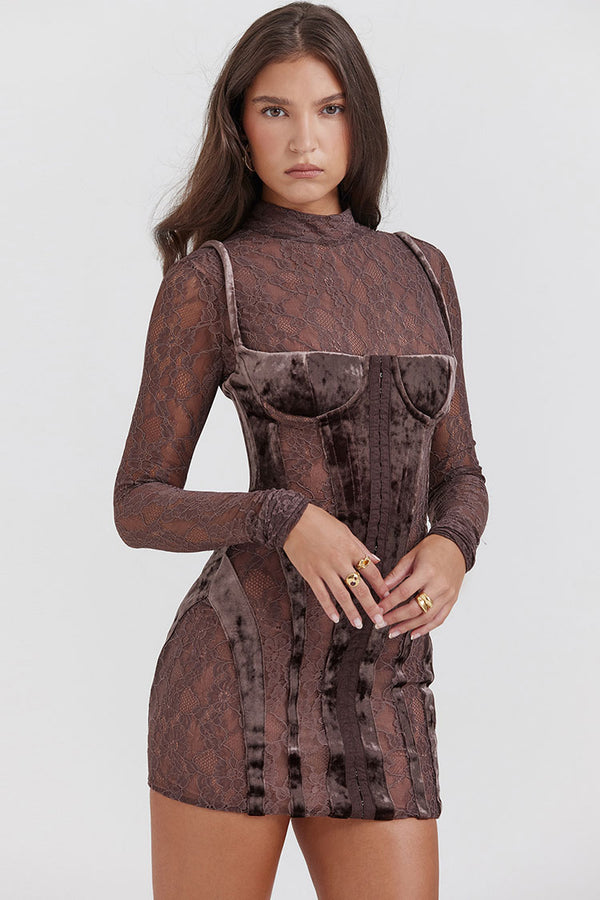 Sexy Mock Neck Long Sleeve Sheer Lace Velvet Corset Party Mini Dress - Brown