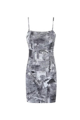 Sexy Newspaper Print Square Neck Bodycon Summer Slip Mini Sundress