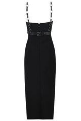 Sexy O Ring Bra Belted Strapless Thigh Split Cocktail Party Midi Dress - Black