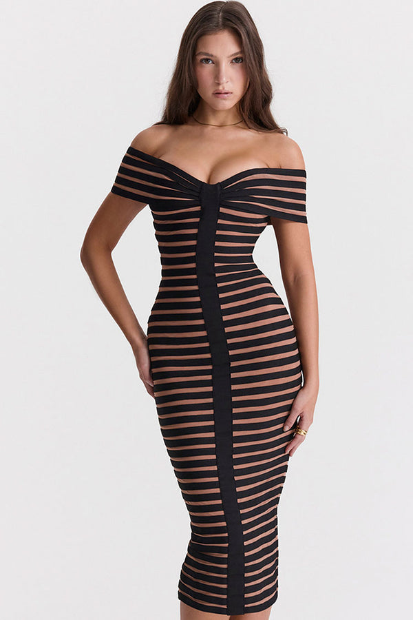 Sexy Off Shoulder Contrast Striped Bandage Cocktail Party Midi Dress - Black