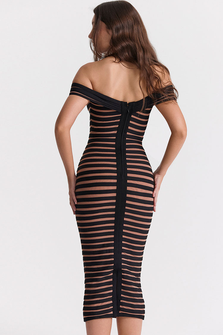 Sexy Off Shoulder Contrast Striped Bandage Cocktail Party Midi Dress - Black