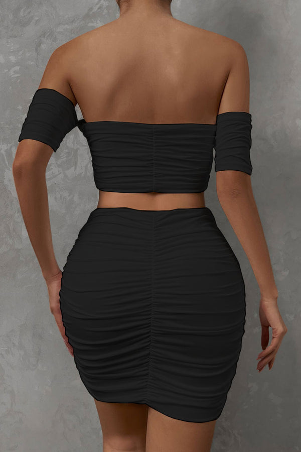 Sexy Off Shoulder Crop Top High Waist Ruched Two Piece Club Mini Dress - Black