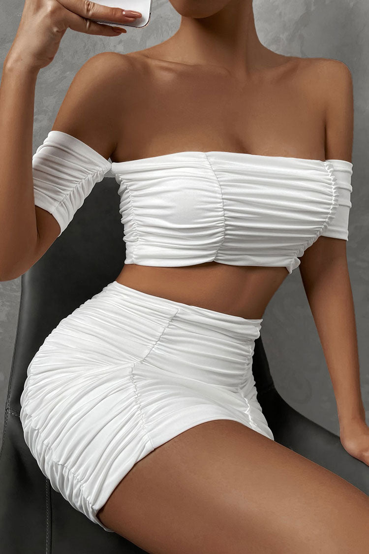 Sexy Off Shoulder Crop Top High Waist Ruched Two Piece Club Mini Dress - White
