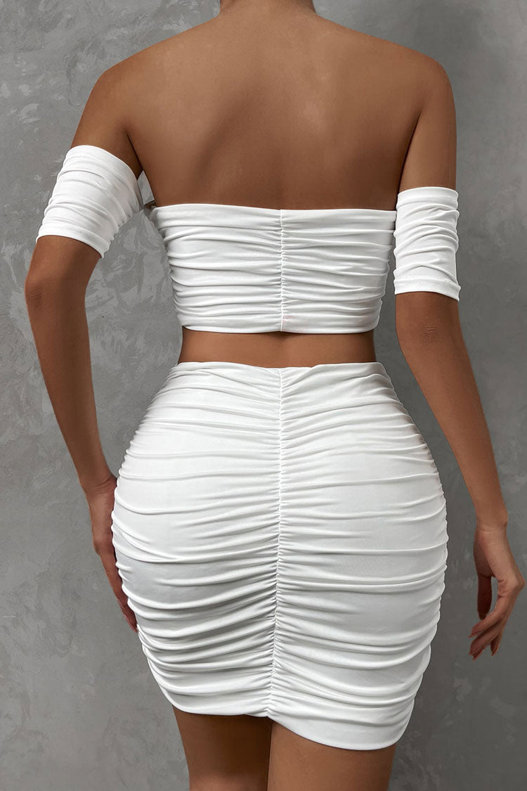 Sexy Off Shoulder Crop Top High Waist Ruched Two Piece Club Mini Dress - White