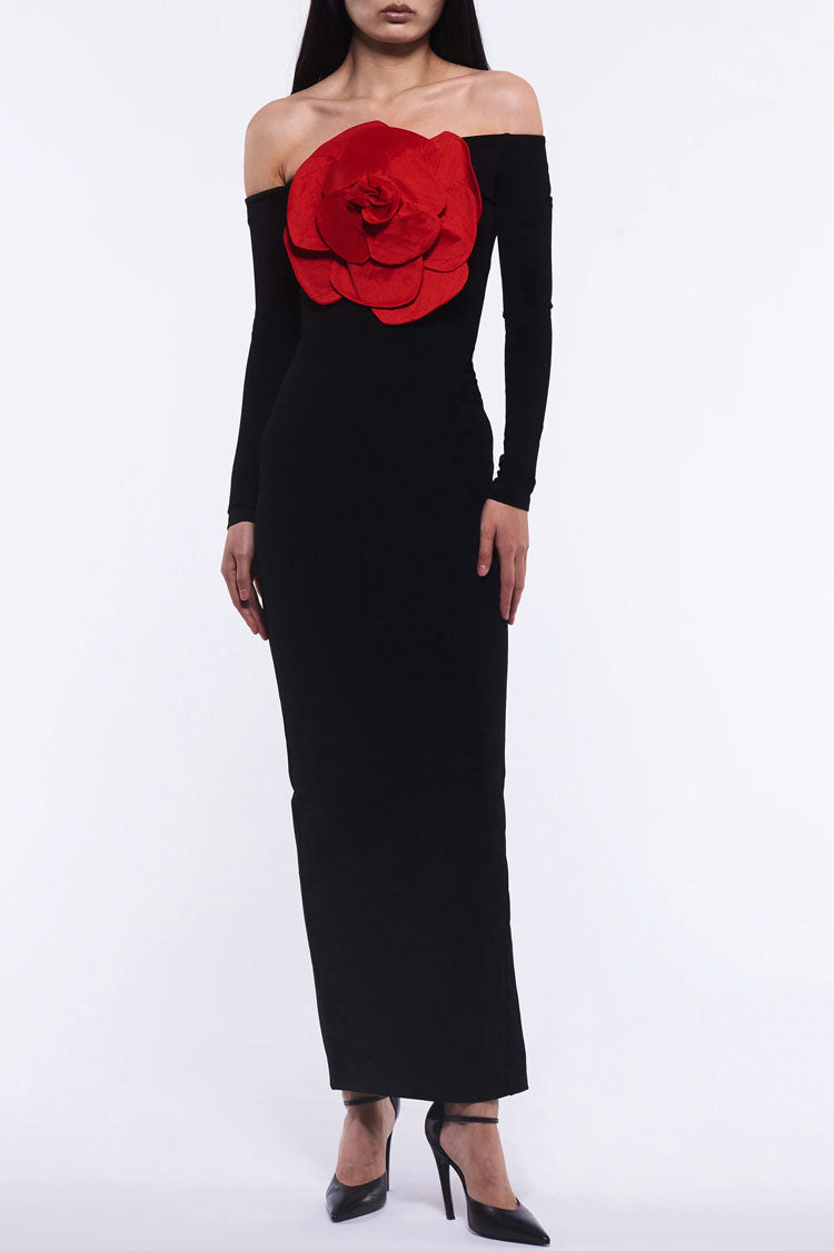 Sexy Off The Shoulder Red Rosette Applique Long Sleeve Evening Maxi Dress - Black