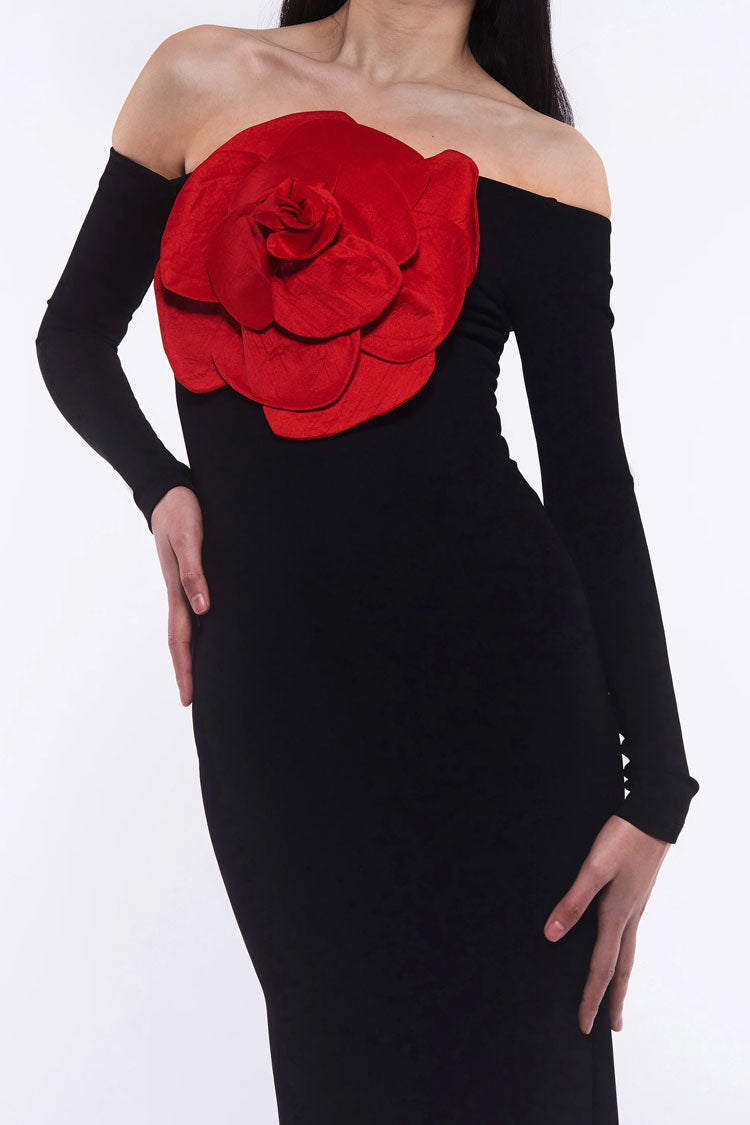 Sexy Off The Shoulder Red Rosette Applique Long Sleeve Evening Maxi Dress - Black