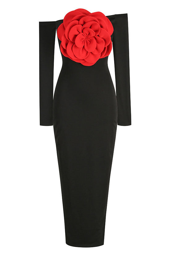 Sexy Off The Shoulder Red Rosette Applique Long Sleeve Evening Maxi Dress - Black