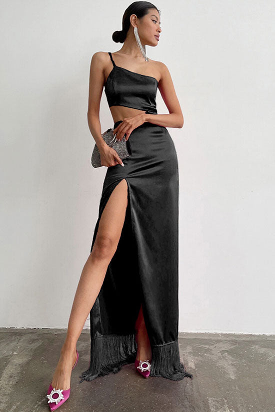 Sexy One Shoulder Cutout High Slit Fringe Trim Prom Maxi Dress - Black