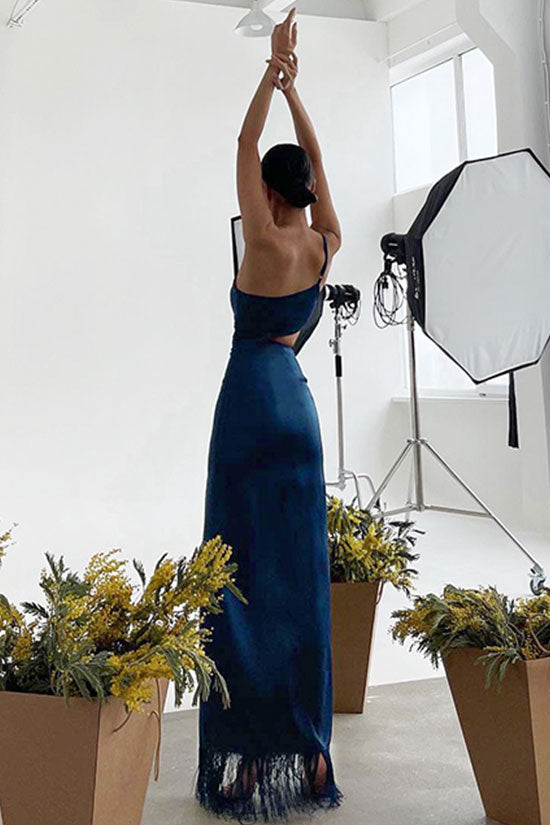 Sexy One Shoulder Cutout High Slit Fringe Trim Prom Maxi Dress - Navy Blue
