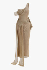 Sexy One Shoulder Ruched Twisted Draped Corset Mesh Evening Maxi Dress