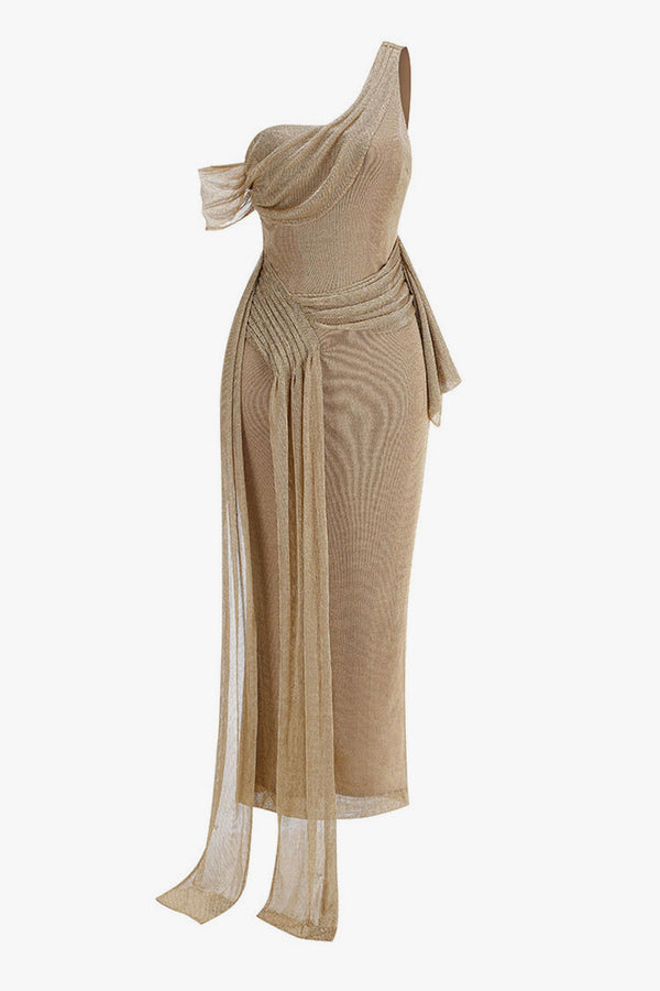 Sexy One Shoulder Ruched Twisted Draped Corset Mesh Evening Maxi Dress