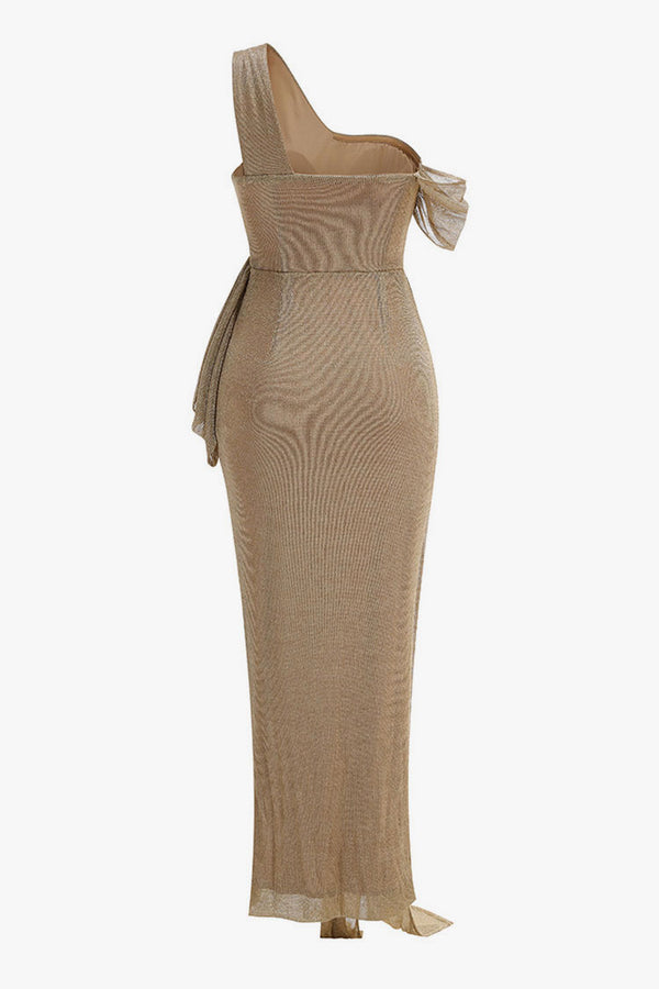 Sexy One Shoulder Ruched Twisted Draped Corset Mesh Evening Maxi Dress
