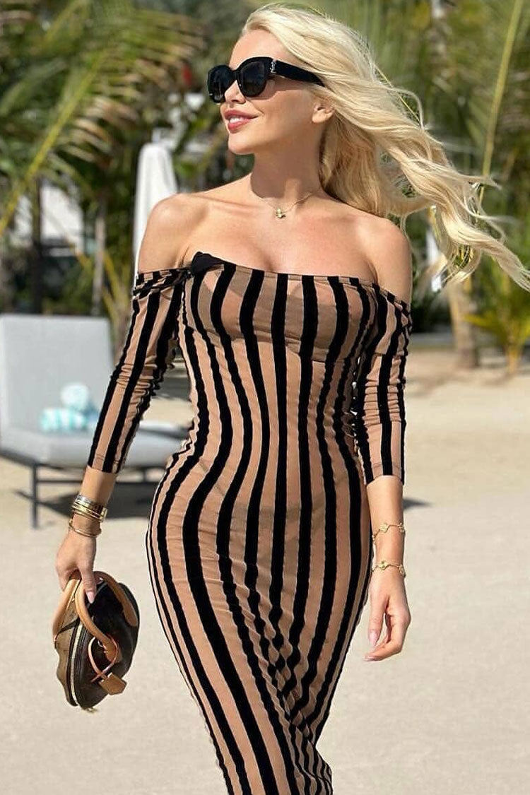 Sexy Open Back Striped Long Sleeve Split Sheer Mesh Midi Dress - Black