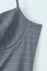 Sexy Pinstripe Print Halter Ruched Bustier Button Drop Waist Party Mini Dress