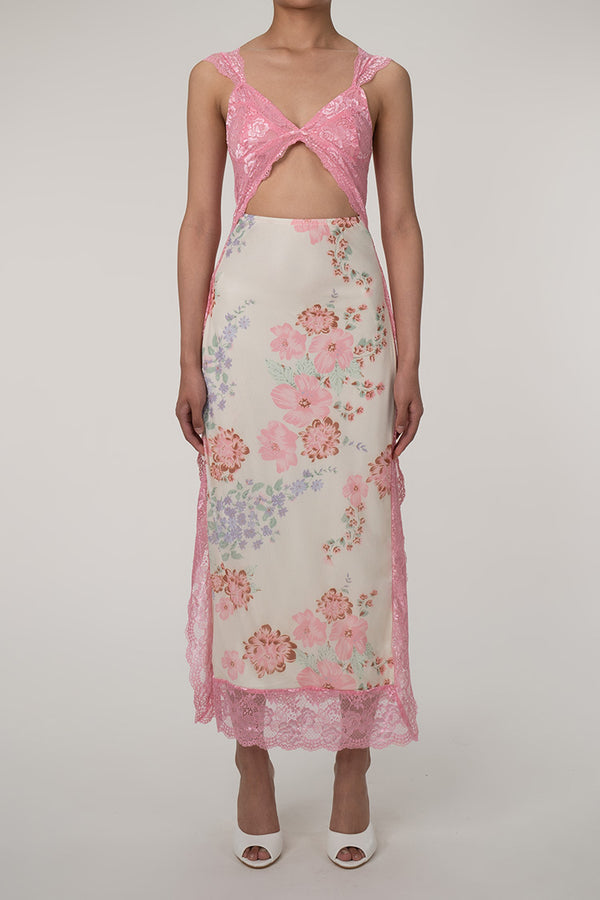 Sexy Plunge Contrast Lace Mesh Floral Print Cutout Split Party Midi Slip Dress