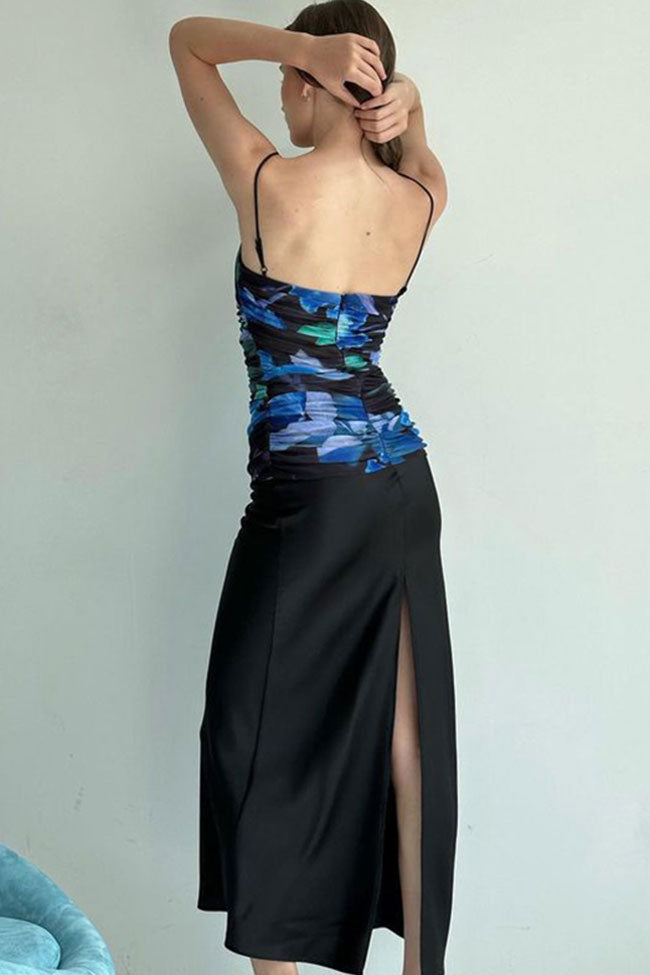 Sexy Printed Ruched Mesh Satin Split Back Cocktail Party Midi Dress - Black