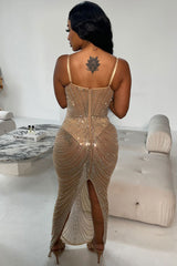 Sexy Rhinestone Bustier Sheer Mesh Sleeveless Split Evening Maxi Dress - Apricot