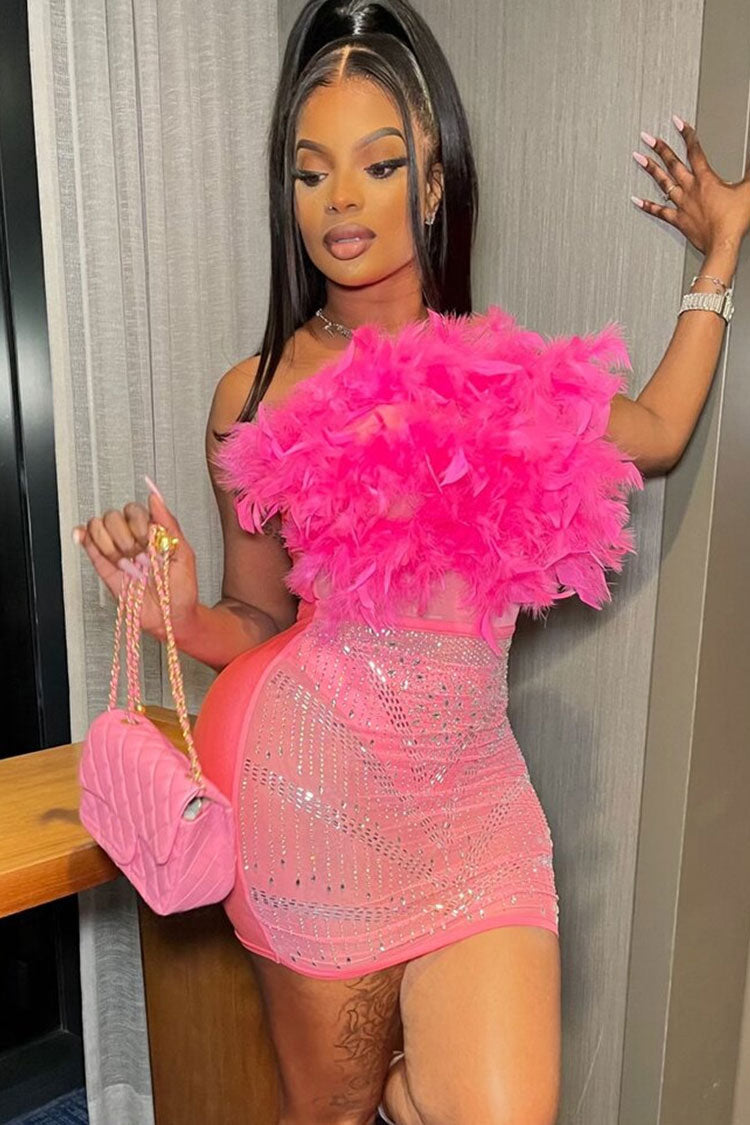 Sexy Rhinestone Sheer Mesh Panel Feather Strapless Party Mini Dress - Hot Pink
