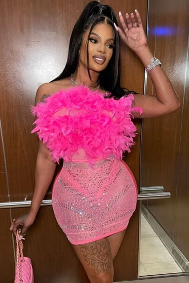 Sexy Rhinestone Sheer Mesh Panel Feather Strapless Party Mini Dress - Hot Pink