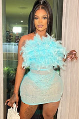Sexy Rhinestone Sheer Mesh Panel Feather Strapless Party Mini Dress - Lake Blue