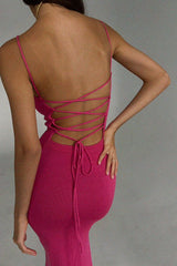 Sexy Rib Knit Scoop Neck Cami Strap Lace Up Backless Knit Slip Midi Dress - Hot Pink