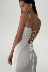 Sexy Rib Knit Scoop Neck Cami Strap Lace Up Backless Split Knit Midi Dress - White