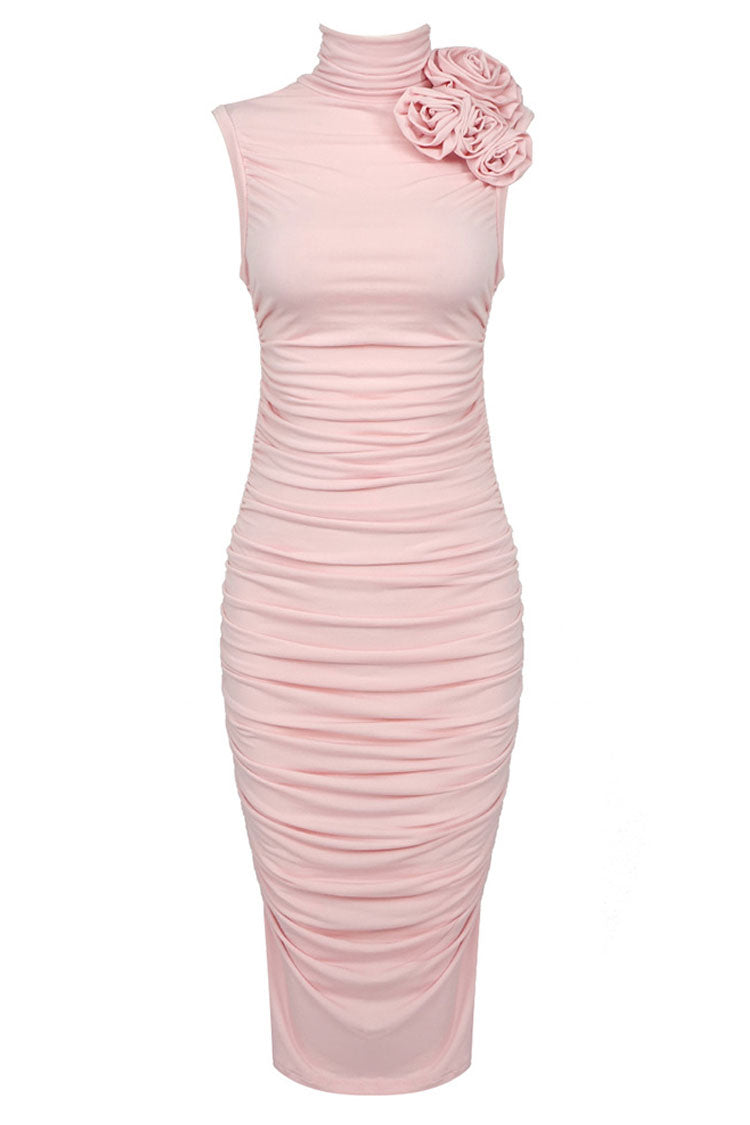 Sexy Rosette Corsage High Neck Sleeveless Ruched Cocktail Party Midi Dress - Pink