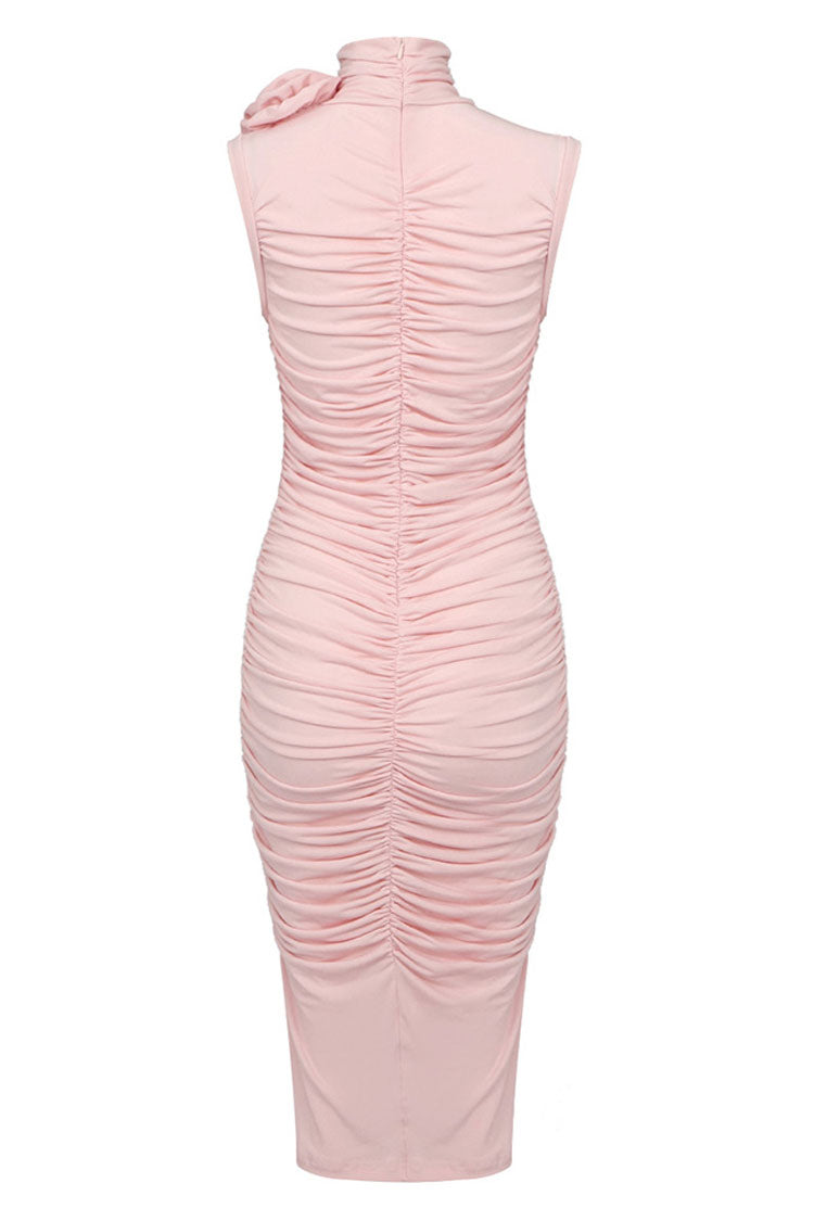 Sexy Rosette Corsage High Neck Sleeveless Ruched Cocktail Party Midi Dress - Pink