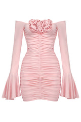 Sexy Rosette Corsage Off Shoulder Bell Sleeve Ruched Party Mini Dress - Pink