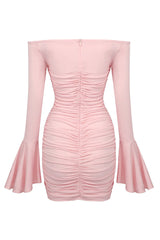 Sexy Rosette Corsage Off Shoulder Bell Sleeve Ruched Party Mini Dress - Pink