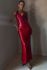 Sexy Rosette Deep V Sleeveless Split Fishtail Sequin Evening Maxi Dress
