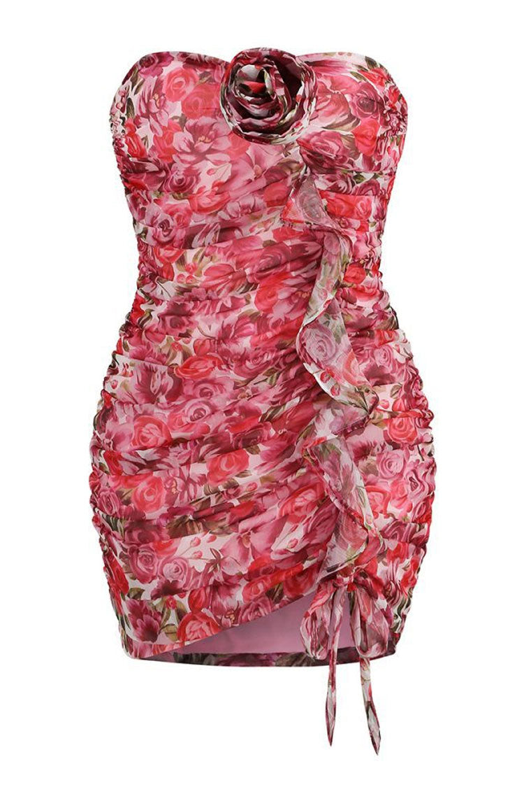 Sexy Rosette Sweetheart Ruffle Trim Ruched Strapless Party Mini Dress - Floral