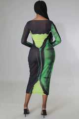 Sexy Round Neck Tie Dye Printed Long Sleeve Sheer Mesh Midi Dress - Green