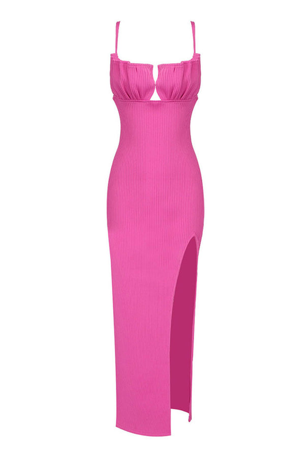 Sexy Ruched Seashell Cut Out Rib Knit Bodycon Slip Cocktail Party Midi Dress
