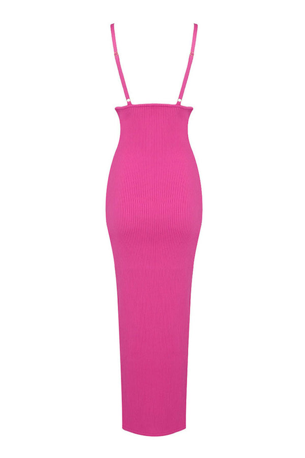 Sexy Ruched Seashell Cut Out Rib Knit Bodycon Slip Cocktail Party Midi Dress