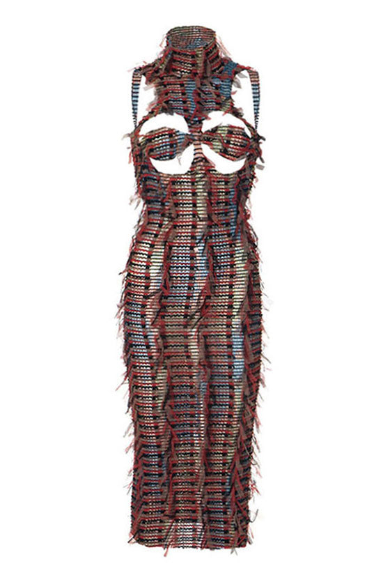 Sexy Ruffle Fringe Sheer Mesh Split Cutout Bodycon Backless Club Midi Dress
