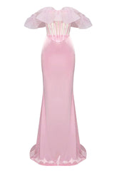 Sexy Ruffle Sheer Corset High Waist Satin Skirt Two Piece Maxi Dress - Pink