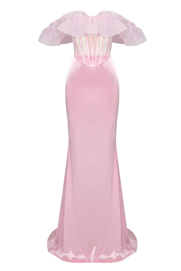 Sexy Ruffle Sheer Corset High Waist Satin Skirt Two Piece Maxi Dress - Pink