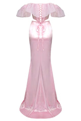 Sexy Ruffle Sheer Corset High Waist Satin Skirt Two Piece Maxi Dress - Pink