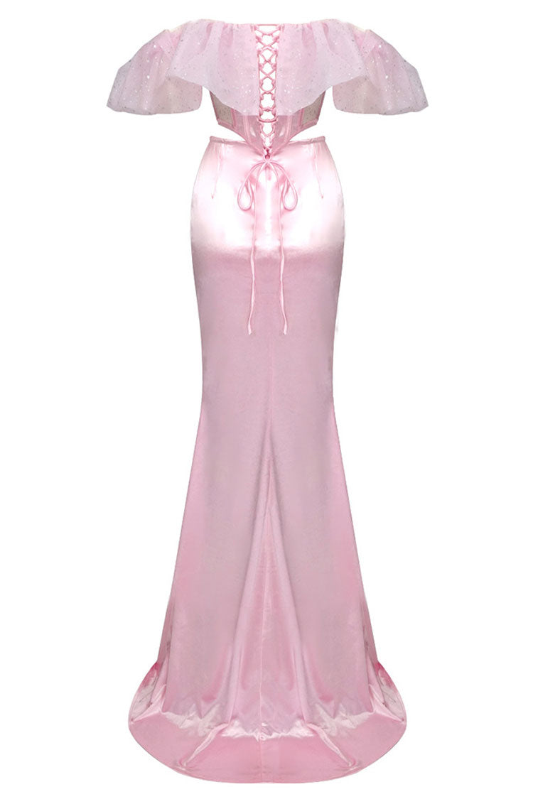 Sexy Ruffle Sheer Corset High Waist Satin Skirt Two Piece Maxi Dress - Pink