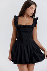 Sexy Ruffle Square Neck Frilled Fit and Flare Drop Waist Summer Mini Sundress - Black