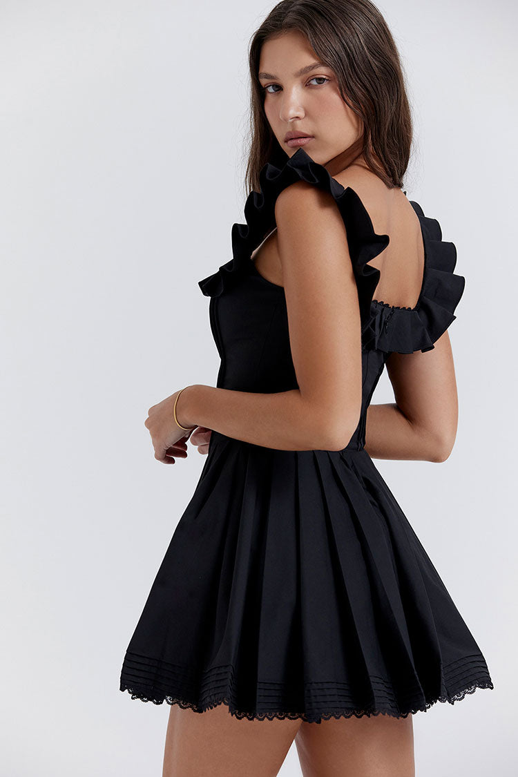 Sexy Ruffle Square Neck Frilled Fit and Flare Drop Waist Summer Mini Sundress - Black