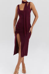 Sexy Scarf Cowl Neck Backless Rosette Ruched Bodycon Mesh Cocktail Midi Dress