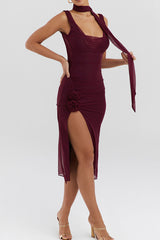 Sexy Scarf Cowl Neck Backless Rosette Ruched Bodycon Mesh Cocktail Midi Dress