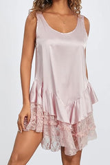 Sexy Scoop Neck Sleeveless Tiered Ruffle Lace Satin Summer Slip Mini Dress
