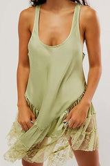 Sexy Scoop Neck Sleeveless Tiered Ruffle Lace Satin Summer Slip Mini Dress