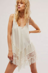 Sexy Scoop Neck Sleeveless Tiered Ruffle Lace Satin Summer Slip Mini Dress