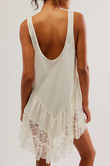 Sexy Scoop Neck Sleeveless Tiered Ruffle Lace Satin Summer Slip Mini Dress