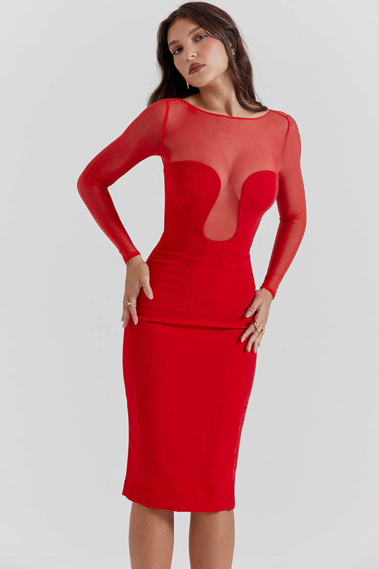Sexy Sheer Mesh Crew Neck Long Sleeve Bodycon Cocktail Party Midi Dress - Red